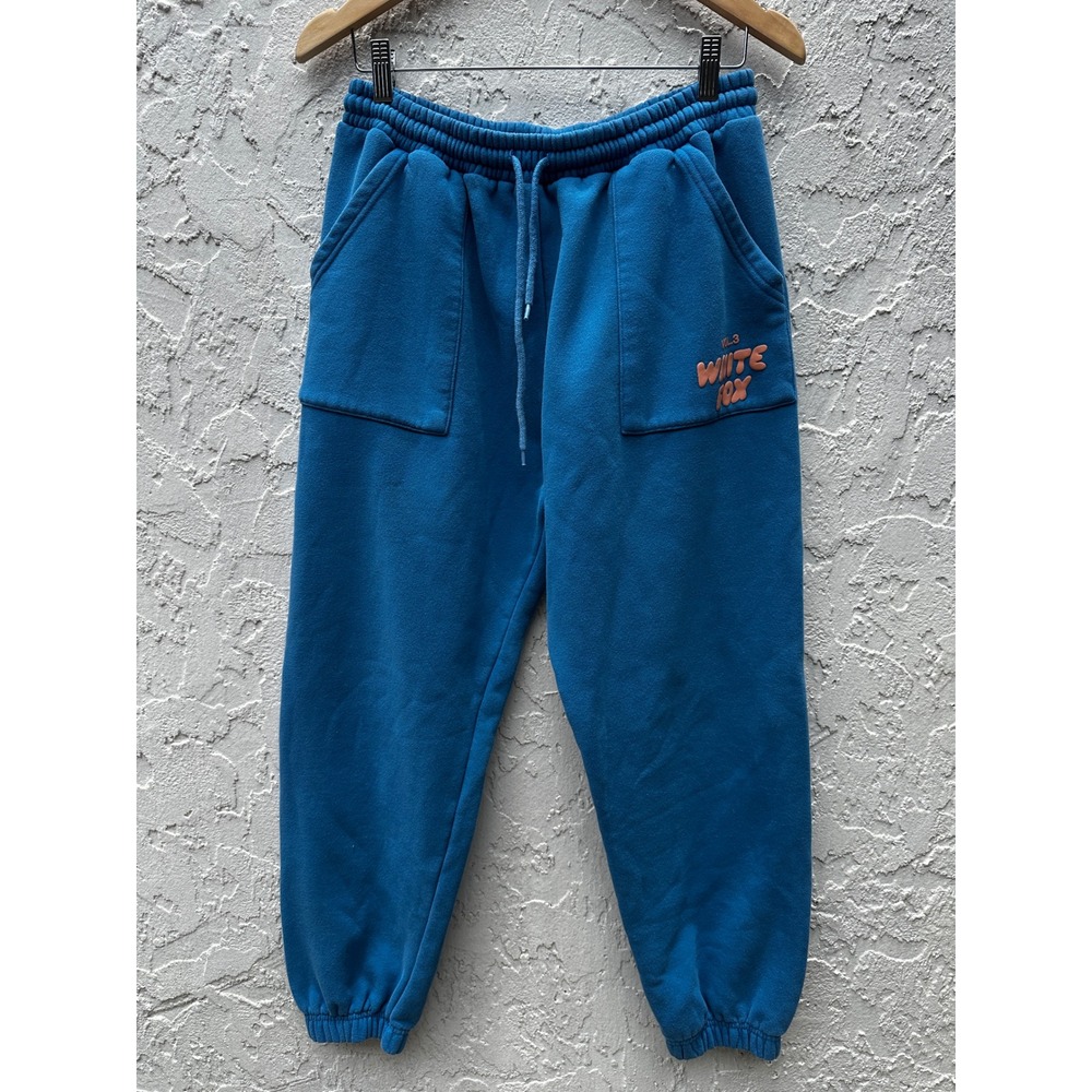 White Fox Teal Blue Puff Print Logo Jogger Sweatpants Women Large